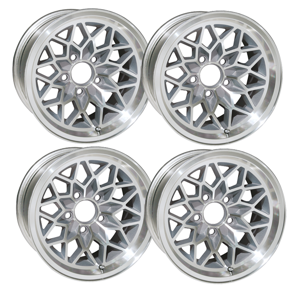 17 X 9 cast aluminum Snowflake wheel set of 4 with 5-1/8 Inch Backspacing or +3mm Offset. Gold painted recesses.   Must be used with the following Lug nuts.  QJ39B for standard 7/16 -20 thread.  For 1/2-20 use QJ40B.