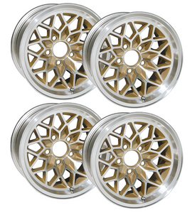 17 X 9 cast aluminum Snowflake wheel set of 4 with 5-1/8 Inch Backspacing or +3mm Offset. Gold painted recesses.   Must be used with the following Lug nuts.  QJ39B for standard 7/16 -20 thread.  For 1/2-20 use QJ40B.