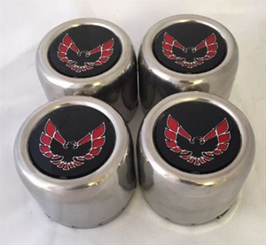 4377NRSET - Set of 4 Reproduction round center caps with RED BIRDS for 1976-1981 Firebird models with snowflake wheels.