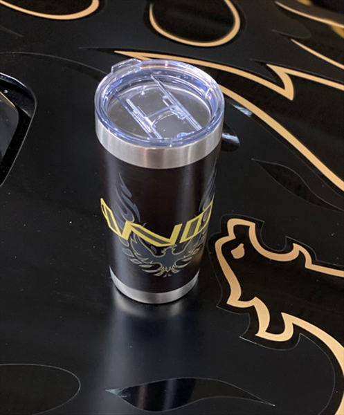 BANMUG20 - 20 OZ Bandit Mug.   Honey Hush!  This is a super cool raised letter BANDIT mug.  Keeps drinks hot or cold and has a spill resistant lid for when taking flight.  Features custom RAISED letters and bird. Sold Each