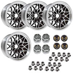 BSF179KG - 17" X 9" cast aluminum black "Snowflake" wheel with 5-1/8" Backspacing or +3mm Offset. Set of 4 with lug nuts & center caps with gold bird inserts.