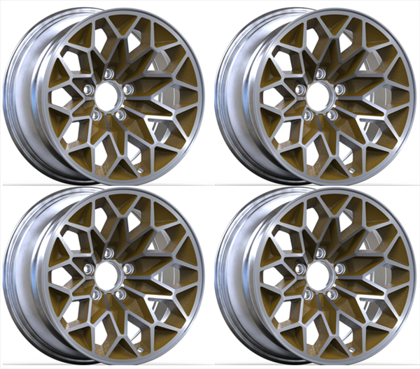 BSFW179GLDS - Set of 4 17 x 9 Bandit Snowflake wheels (Not WS6) with gold inserts and 5-1/8 Inch Backspacing or +3 mm Offset. Use QJ39BS for lug nuts.