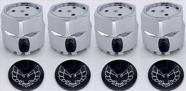 CCSBC1 - 1977-1981 Firebird Black Bird with Chrome Outline Center Cap Set with Inserts for Snowflake Wheels and Turbo Wheels. Set of 4