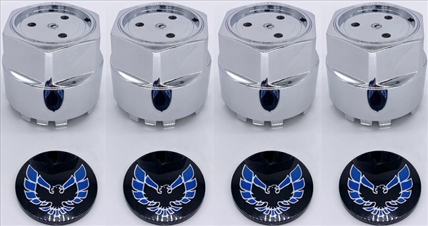 CCSBL1 - 1977-1981 Firebird Blue Bird with Chrome Outline Center Cap Set with Inserts for Snowflake Wheels and Turbo Wheels. Set of 4