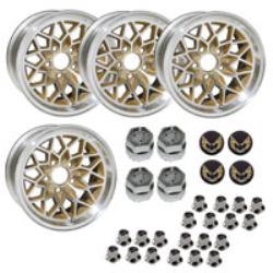 GSF158KG - 15 X 8 cast aluminum gold Snowflake wheel with 4-1/2" Backspacing or Zero Offset. Set of 4 with lug nuts & center caps with gold bird inserts. 71 mm center bore.