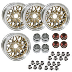 GSF158KR - 15 X 8 cast aluminum gold Snowflake wheel with 4-1/2" Backspacing or Zero Offset. Set of 4 with lug nuts & center caps with red bird inserts. 71 mm center bore.