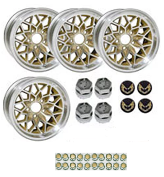 GSF179KGGLD - 17" X 9" cast aluminum gold "Snowflake" wheel with 5-1/8" Backspacing or +3mm Offset.Set of 4 with GOLD INSERT lug nuts & center caps with gold bird inserts.