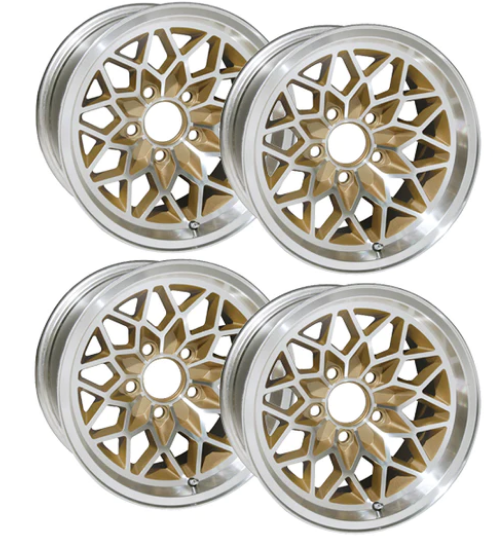 NEW Version 2 15 X 8 cast aluminum Snowflake wheel set of 4, 4-1/2 Inch Backspacing or Zero Offset.. Must order QJ39B 7/16 Inch or QJ40B 1/2 Inch  for lug nuts. 71 mm center bore. FACTORY LUGNUTS DO NOT WORK ON THESE WHEELS. Choose Color