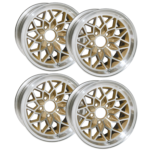SFW158V2S - NEW Version 2 15 X 8 cast aluminum GOLD Snowflake wheel set of 4, 4-1/2" Backspacing or Zero Offset.. Must order QJ39B 7/16" or QJ40B 1/2"  for lug nuts. 71 mm center bore. FACTORY LUGNUTS DO NOT WORK ON THESE WHEELS