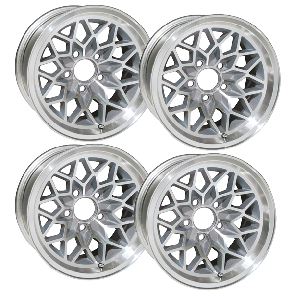 SFW158SLVS - 15 X 8 cast aluminum Snowflake wheel with silver inserts set of 4, 4-1/2" Backspacing or Zero Offset.. Must order QJ39S for lug nuts.  71 mm center bore