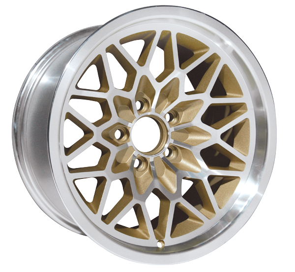 SFW179GLDV2 - This is our new 2nd version 17 x 9 cast aluminum gold Snowflake wheel. Featuring smooth gold painted recesses and a gloss clear coat finish. 5-1/8" Backspacing or +3mm Offset.  Wheel weighs 25 pounds with a load rating of 1900 pounds.  Must