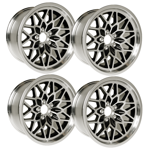 SFW179BLKV2S - 17 X 9 cast aluminum Snowflake wheel set of 4 with 5-1/8 Inch Backspacing or +3mm Offset. BLACK painted recesses.   Must be used with the following Lug nuts.  QJ39B for standard 7/16 -20 thread.  For 1/2-20 use QJ40B.