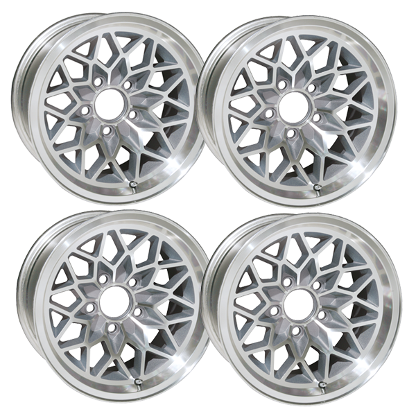 SFW179SLVV2S - 17 X 9 cast aluminum Snowflake wheel set of 4 with 5-1/8 Inch Backspacing or +3mm Offset. SILVER painted recesses.   Must be used with the following Lug nuts.  QJ39B for standard 7/16 -20 thread.  For 1/2-20 use QJ40B.
