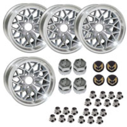 SSF158KG - 15 X 8 cast aluminum silver Snowflake wheel with 4-1/2" Backspacing or Zero Offset. Set of 4 with lug nuts & center caps with gold bird inserts.  71 mm center bore