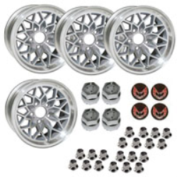 SSF158KR - 15 X 8 cast aluminum silver Snowflake wheel with 4-1/2" Backspacing or Zero Offset. Set of 4 with lug nuts & center caps with red bird inserts.